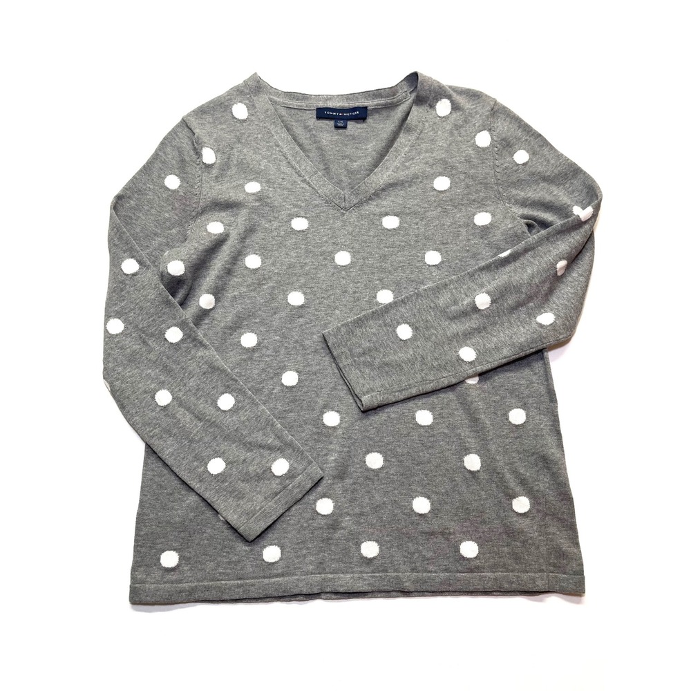 Tommy Hilfiger Womens Gray White Polka Dot V-Neck Sweater Size Large L 0299